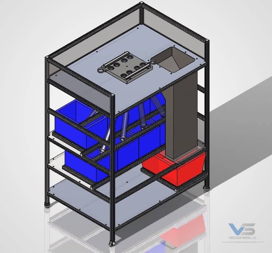 3D CAD rendering of a multi-shelf aluminum-extrusion sorting station with a fixture plate and hopper feeding parts bins below