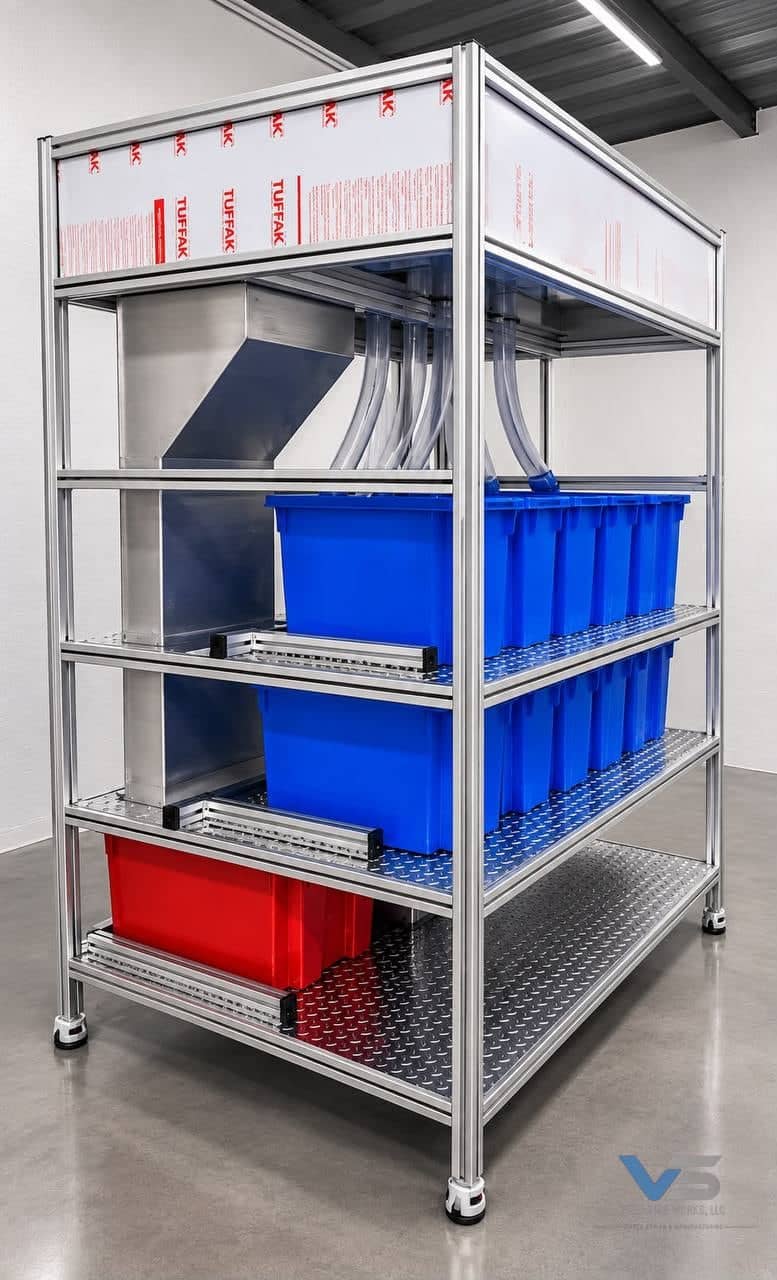 Aluminum-extrusion rack with a sheet-metal chute and clear tubes dropping parts into blue totes